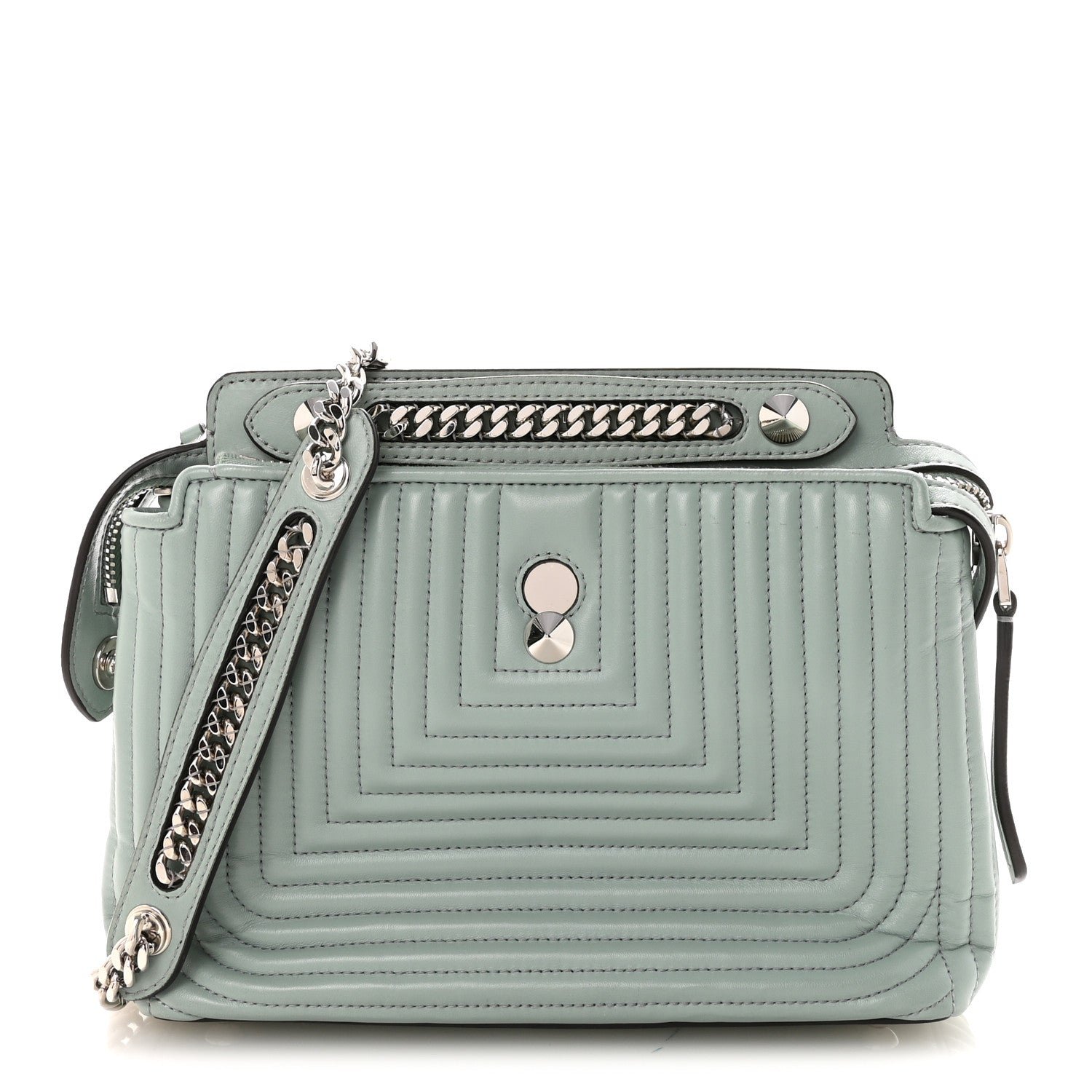 Fendi Shiny Nappa Trapuntata Small DotCom Click Top Handle Chain Satchel Light Blue
