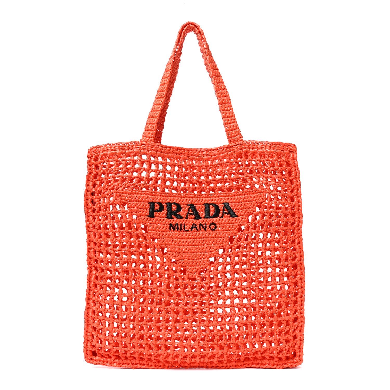 Prada Yarn Raffia Effect Crochet Logo Embroidered Tote Bag Arancio