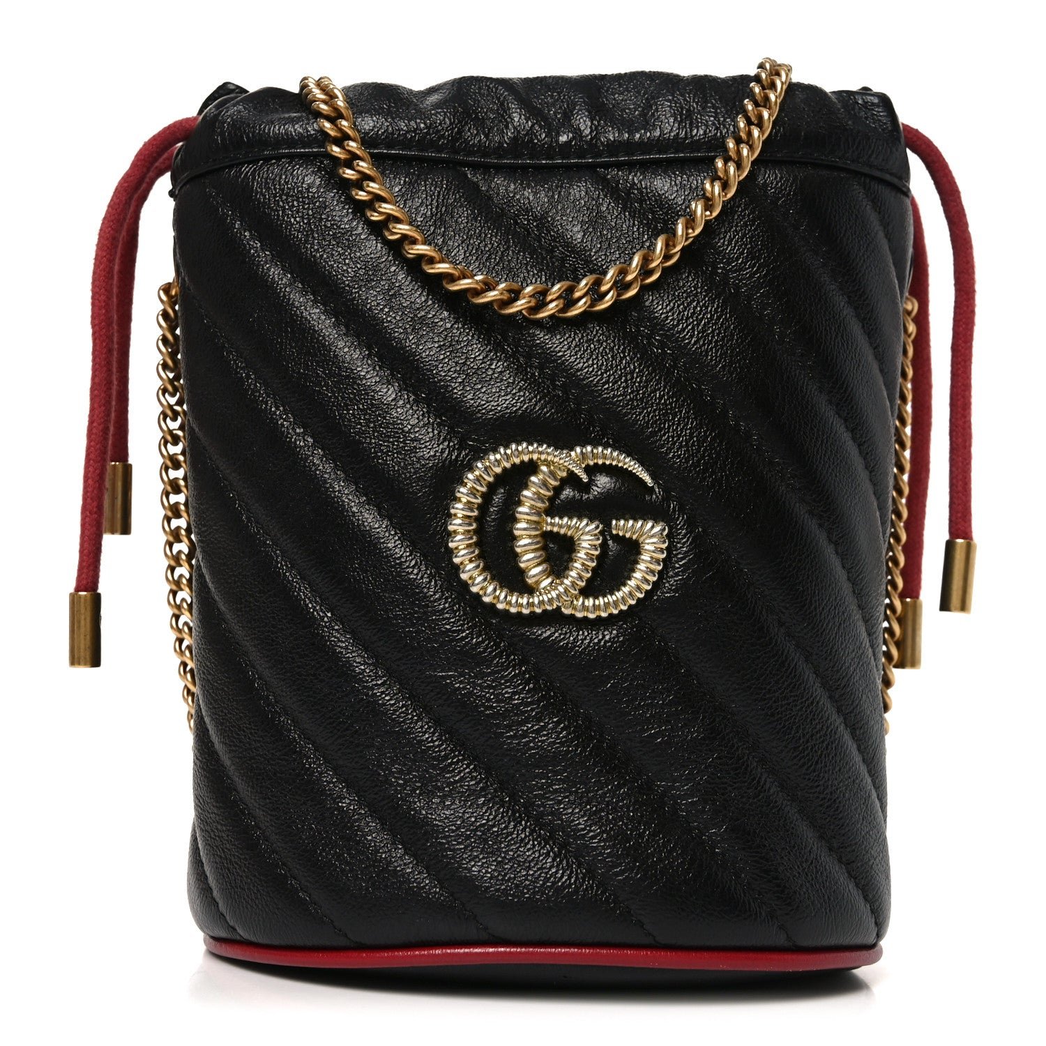 Gucci Vintage Effect Calfskin Matelasse Diagonal Mini Torchon GG Marmont 2.0 Bucket Bag Black Romantic Cherry