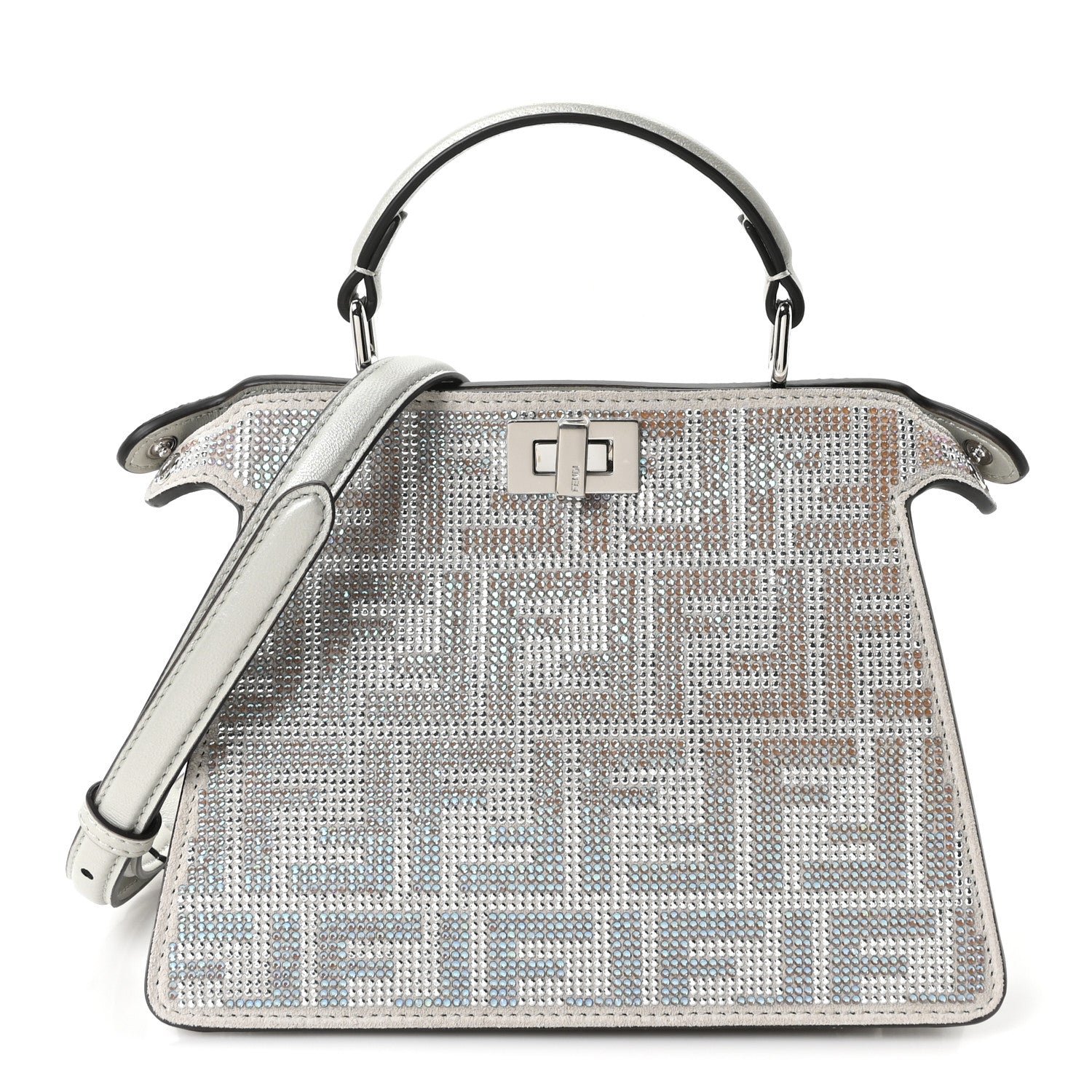 Fendi Iridescent Crystal Vitello Laminato Suede FF Petite Peekaboo I SEE U Satchel Cappuccino