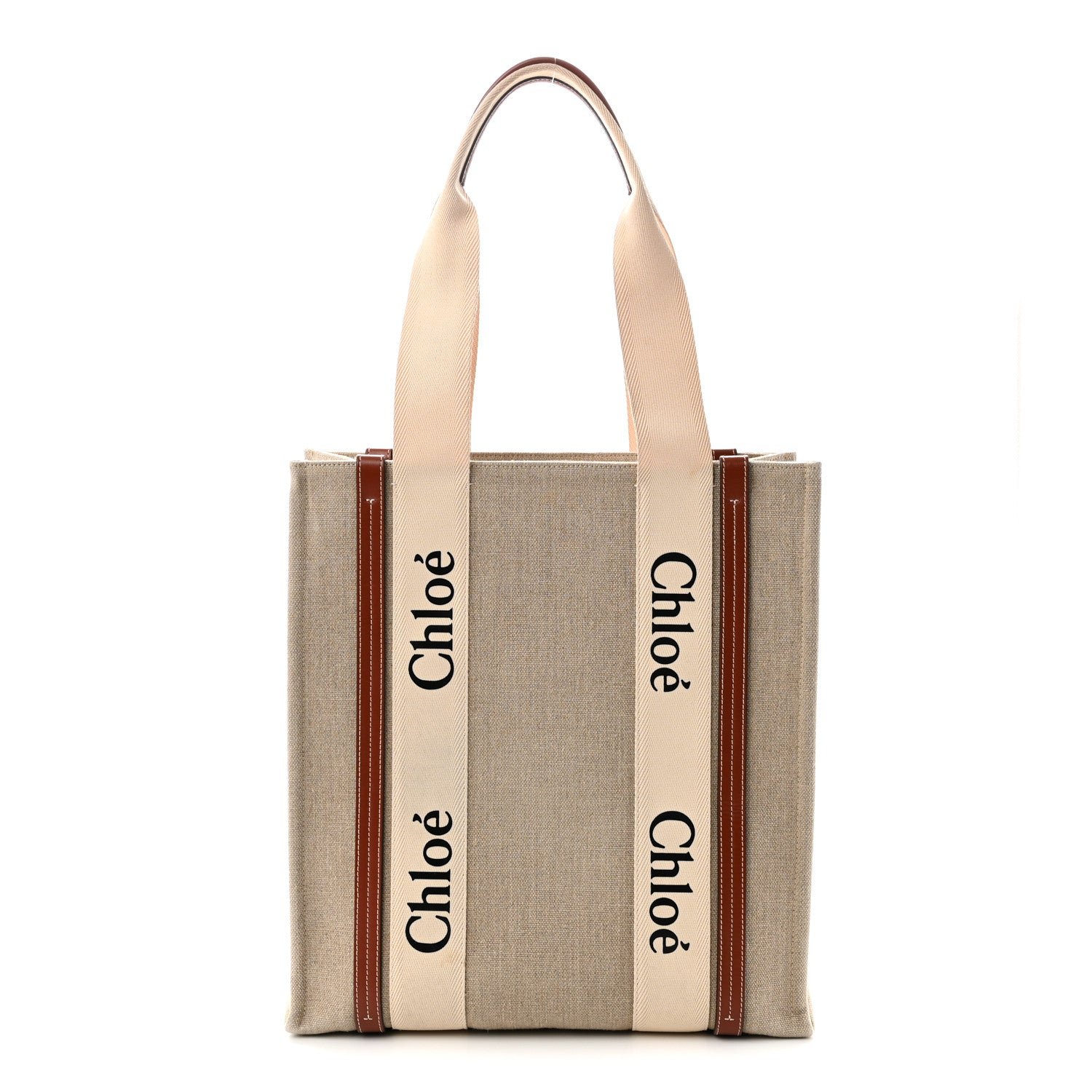 Chloe Cotton Calfskin Large Vertical Woody Ribbon Tote White Brown
