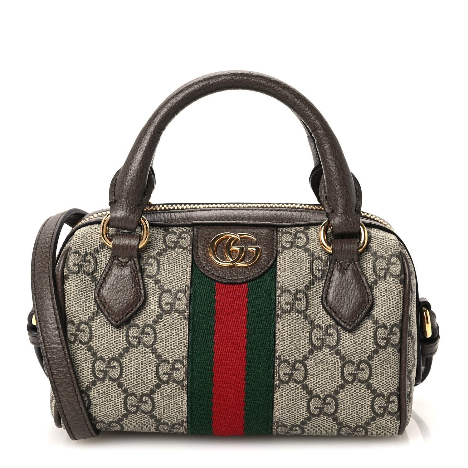 Gucci GG Supreme Monogram Textured Dollar Calfskin Web Super Mini Ophidia Top Handle Bowler Bag Beige Ebony New Acero