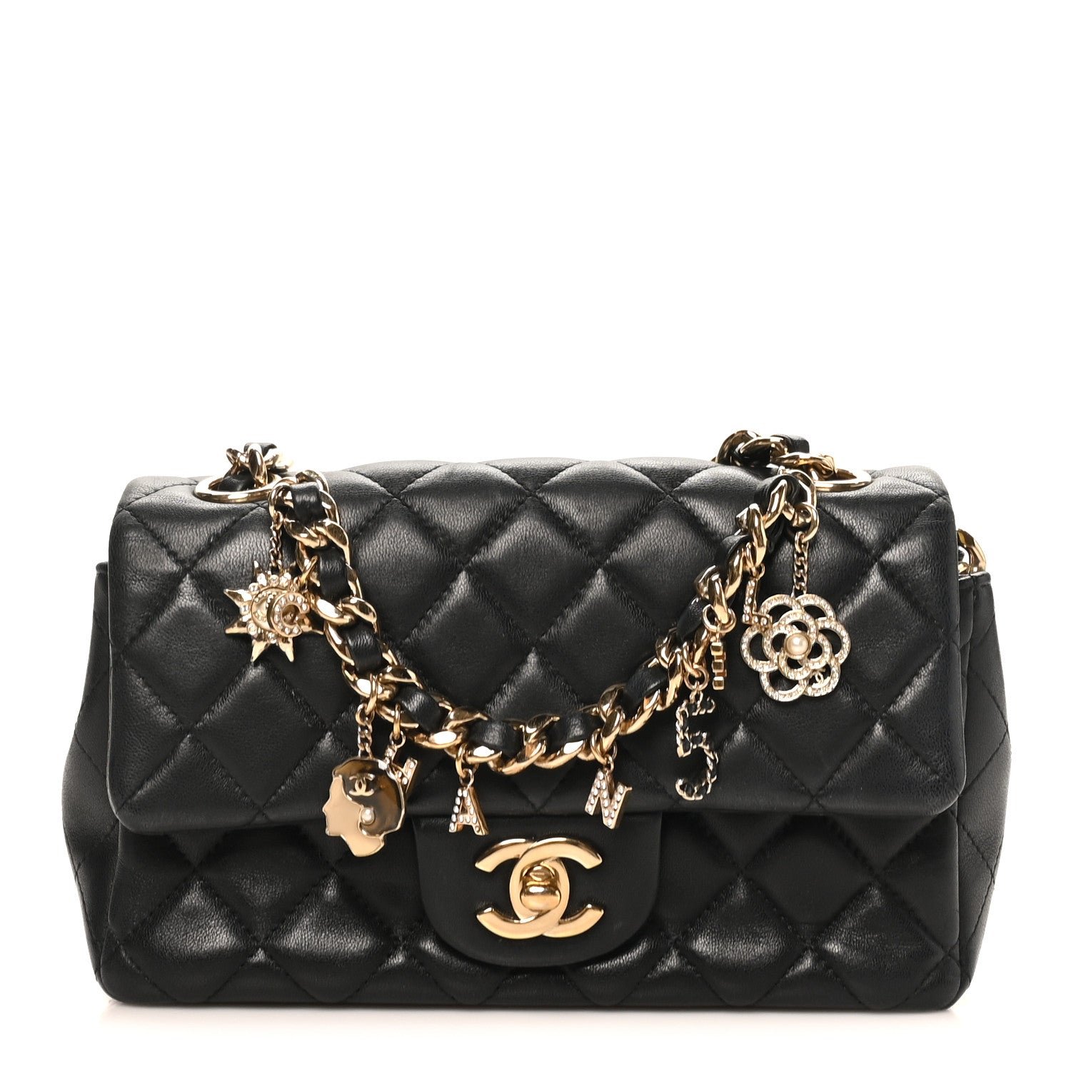 Chanel Lambskin Quilted Mini Coco Charms Rectangular Flap Black