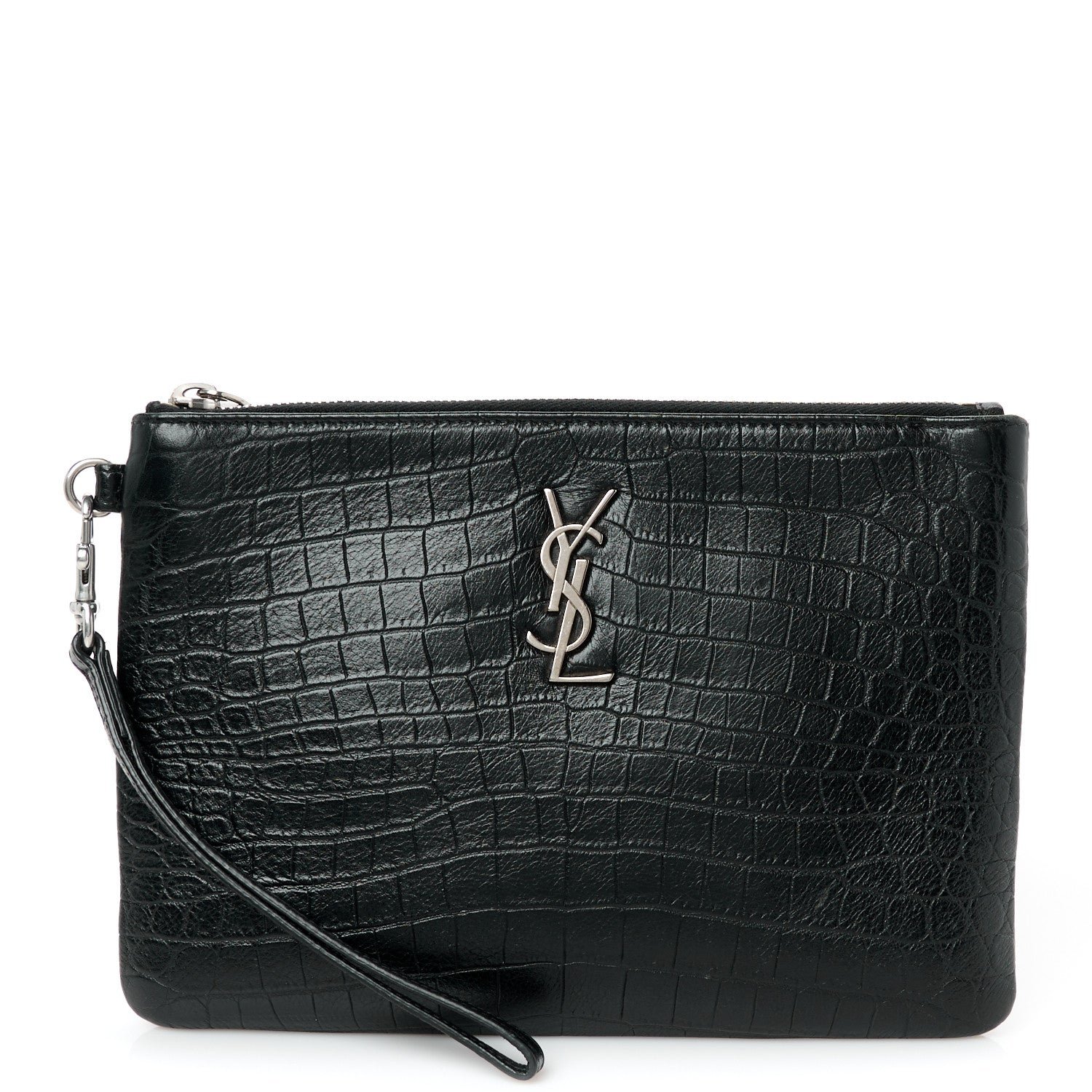 Saint Laurent Calfskin Crocodile Embossed Monogram Zip Pouch Black