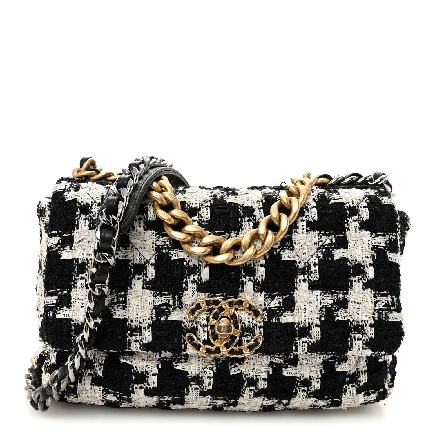Chanel Tweed Quilted Medium Chanel 19 Flap Black Ecru White