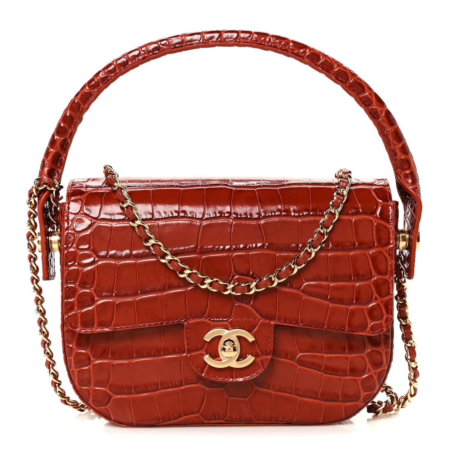 Chanel Calfskin Crocodile Embossed Turn Around Mini Flap Burgundy