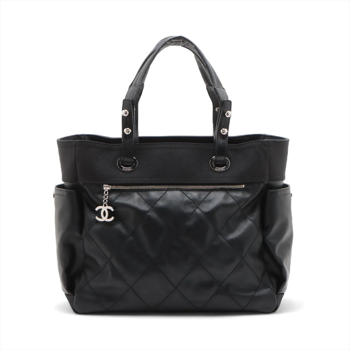 Chanel Paris Biarritz GM Coated canvas x leather Tote bag Black Silver Metal Fit