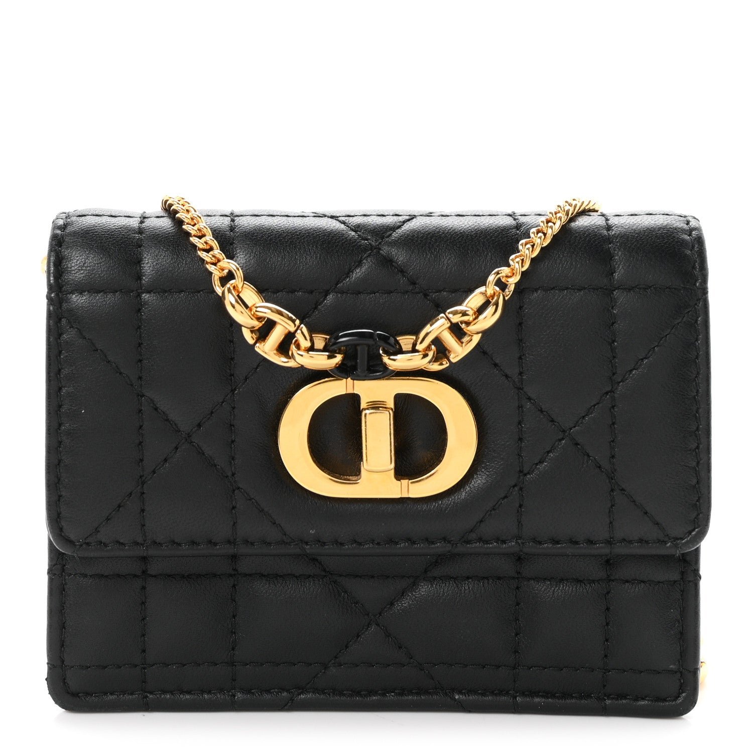 Christian Dior Lambskin Macrocannage Micro Miss Caro Pouch With Chain Black