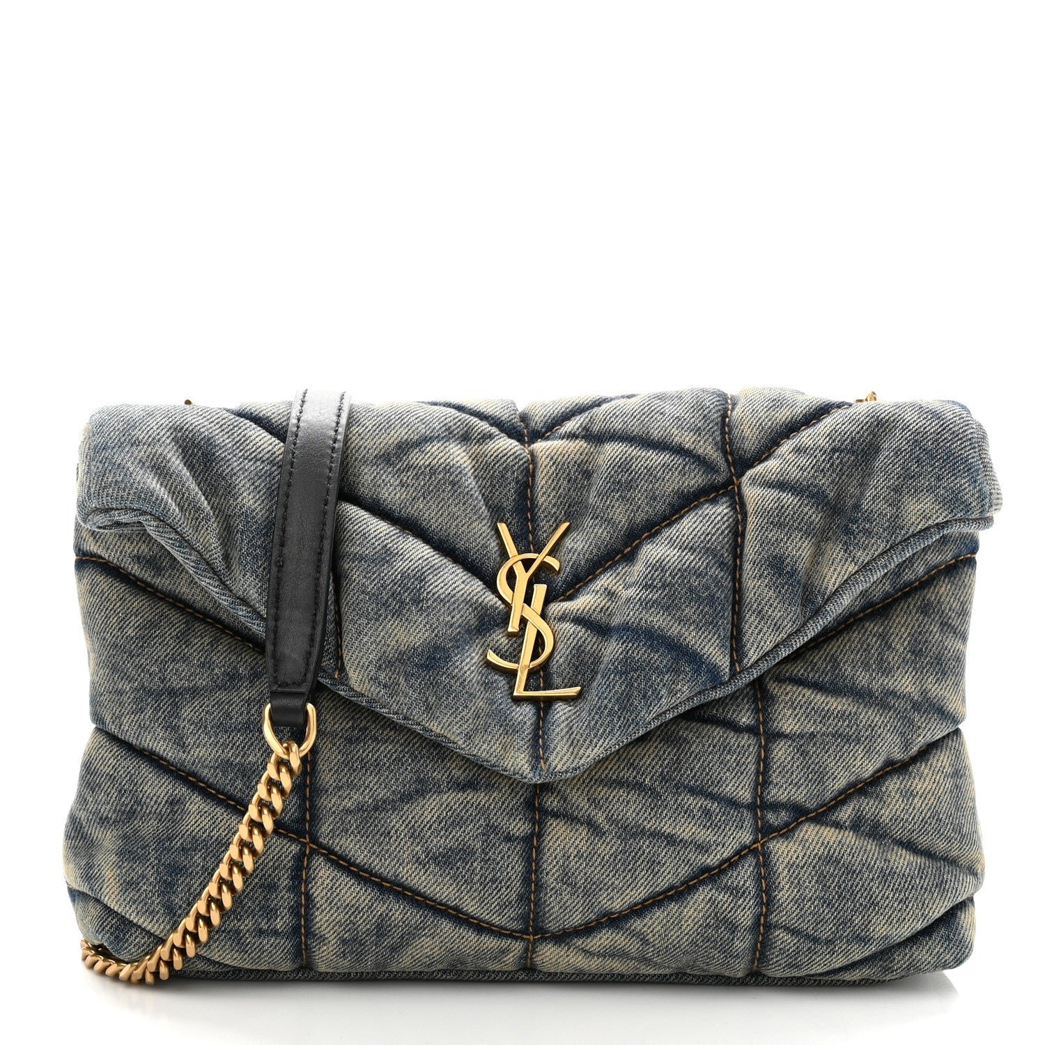Saint Laurent Denim Quilted Toy Loulou Puffer Monogram Chain Satchel Blue Black