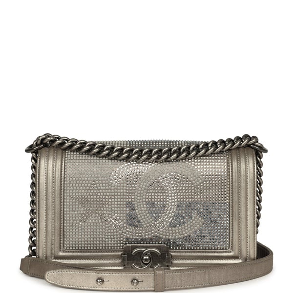 Pre-owned Chanel "Paris-Dallas" Strass Medium Boy Bag Dark Khaki Iridescent Calfskin Aged Ruthenium Hardware