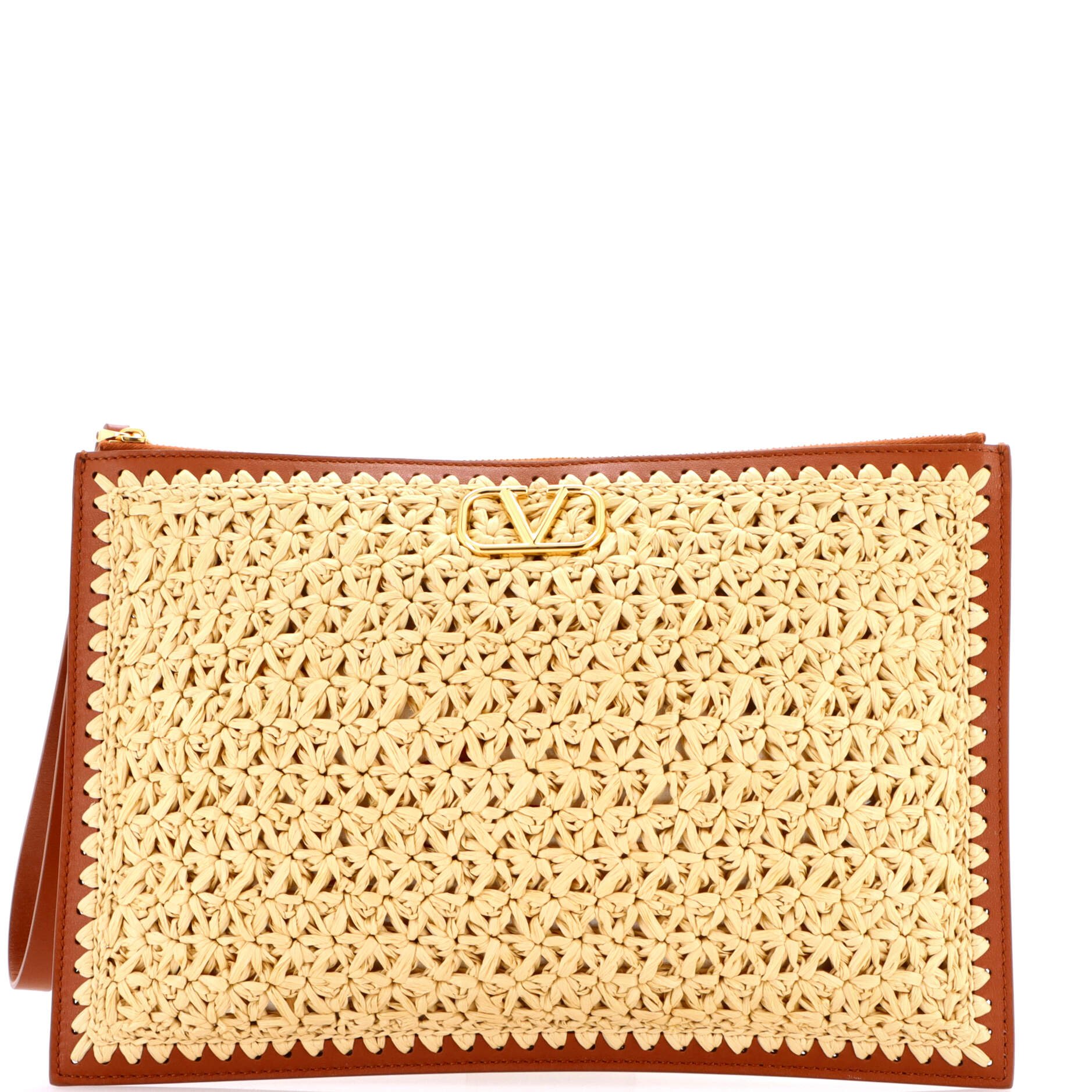 Valentino Garavani VLogo Wristlet Clutch Raffia and Leather Medium