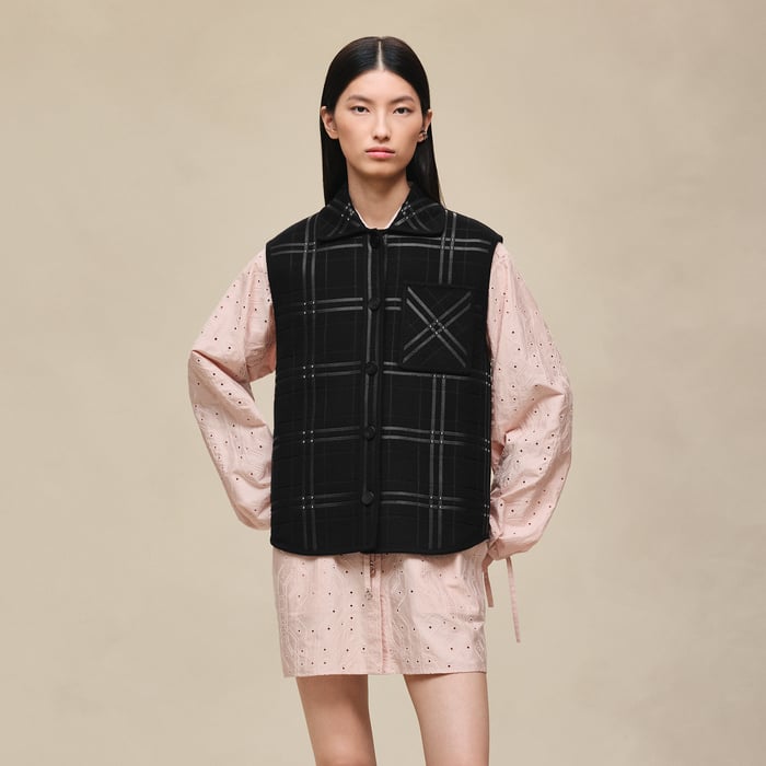 Noir Embroidered Short Vest With Leather Detail