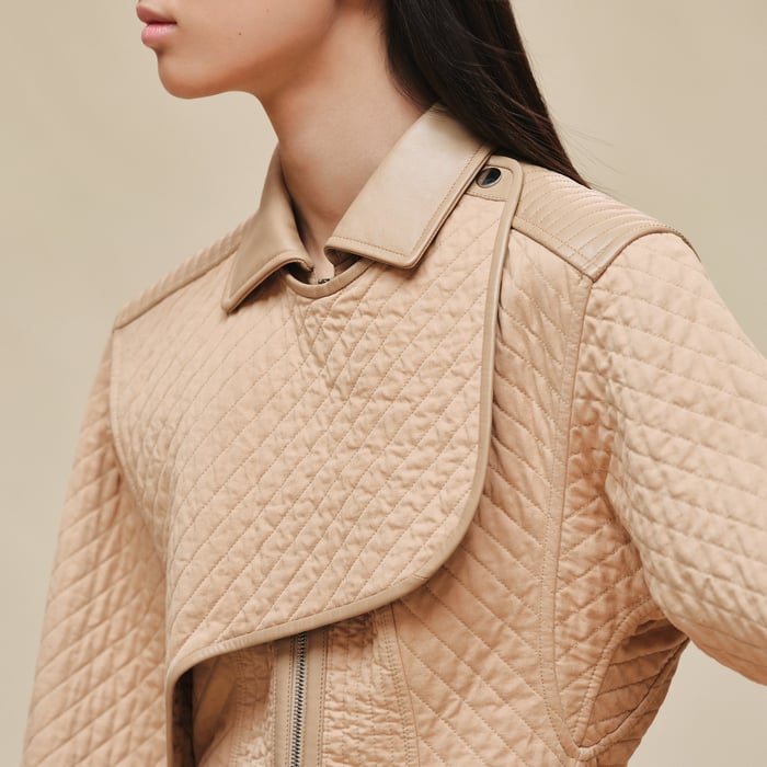 Beige Cajou Short Coat With Leather Details