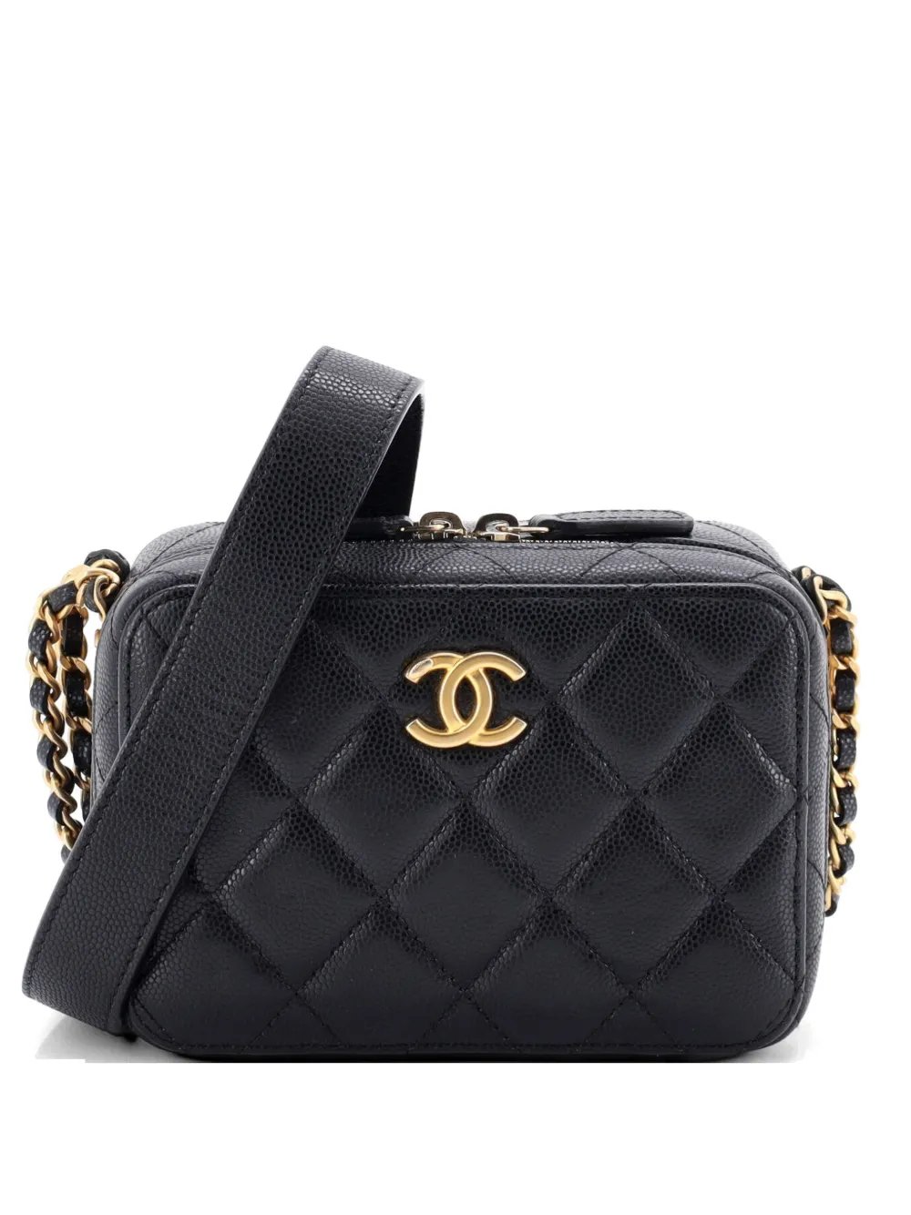 Twist Your Buttons Zip Around Vanity Case with Chain Quilted Caviar clutch bag