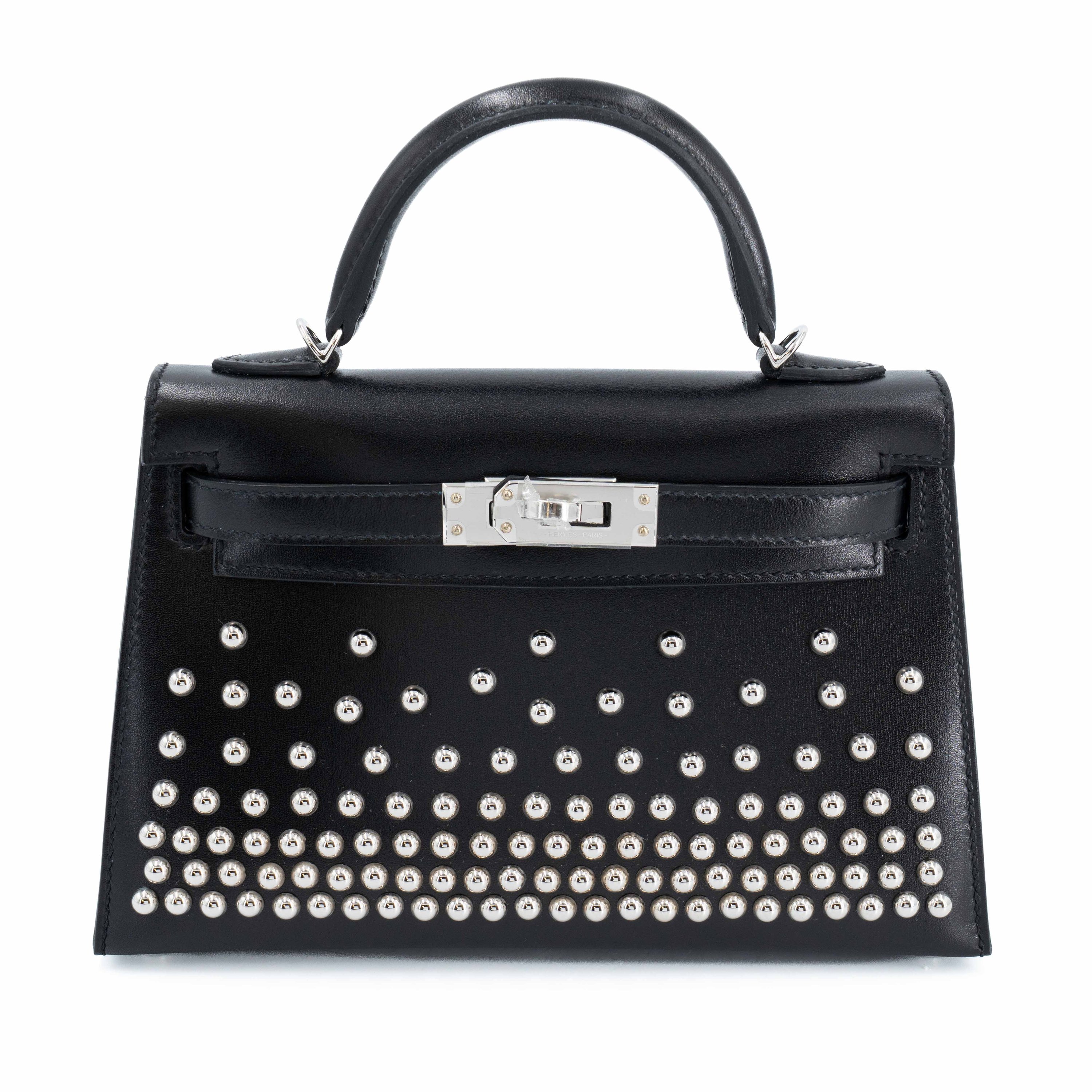 Unused ( Rank NS ) HERMÈS Limited Edition Mini Kelly II Cloute Studded Noir (89) Box-calf Palladium hardware B (2023)