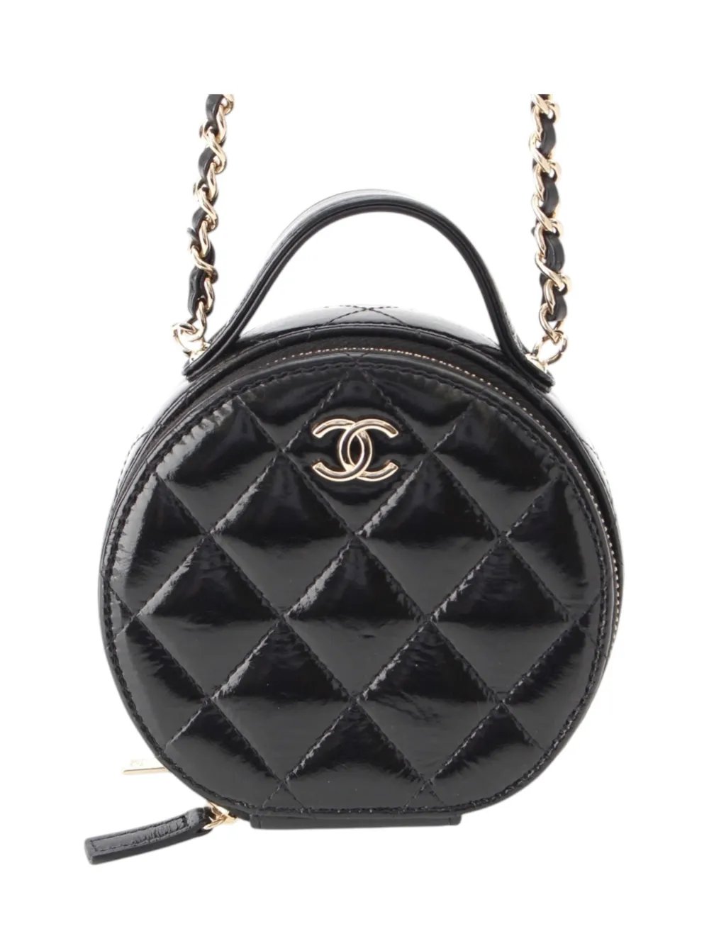 2021-2026 Quilted Glazed Lambskin Handle With Care Round Vanity Case with Chain satchel