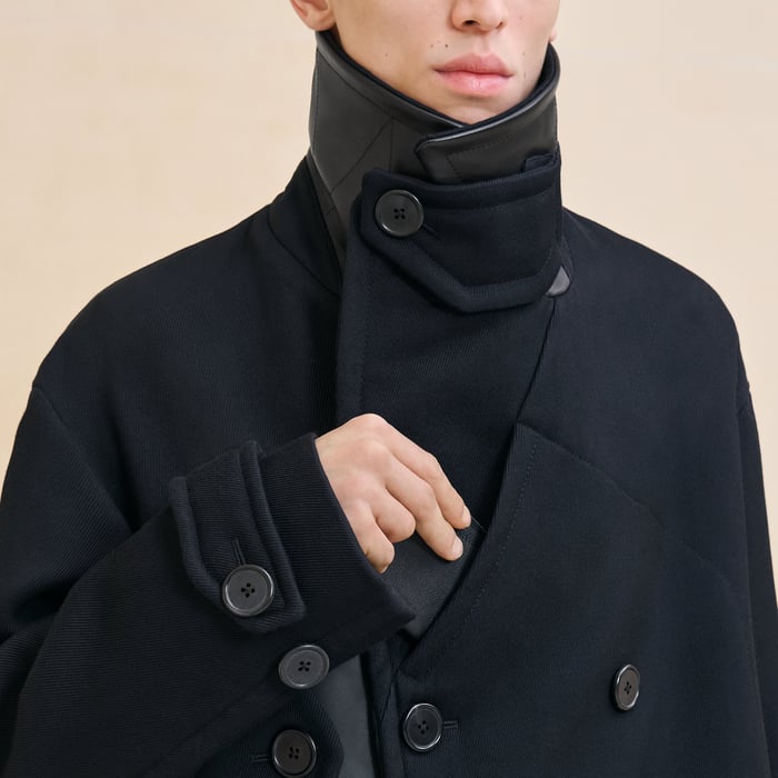Marine Pea Coat With Leather Details