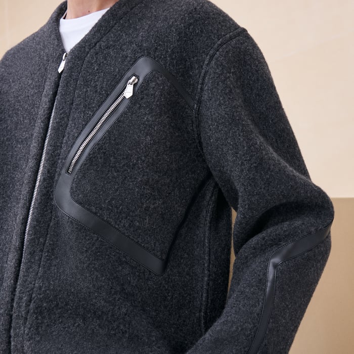 Gris Foncé Zipped Varsity Cardigan With Leather Detail