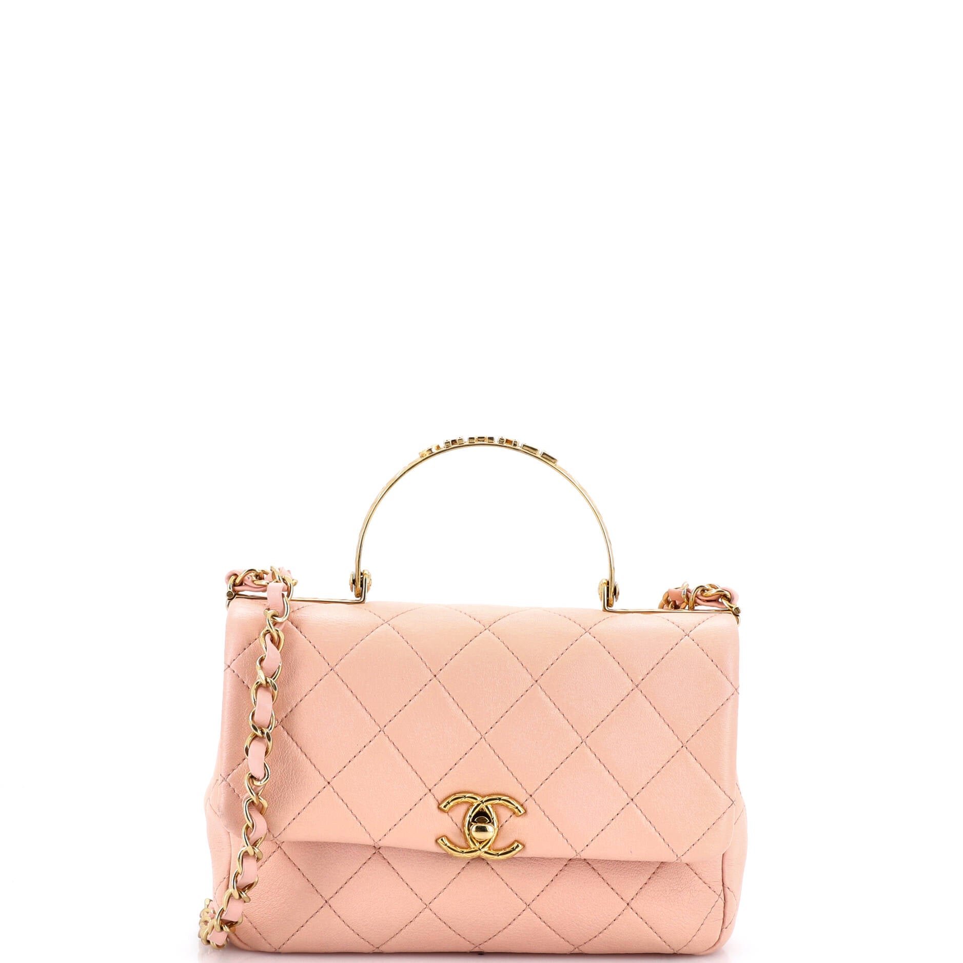 Logo Quilted Metal Top Handle Flap Bag Quilted Lambskin with Metal and Crystals Small