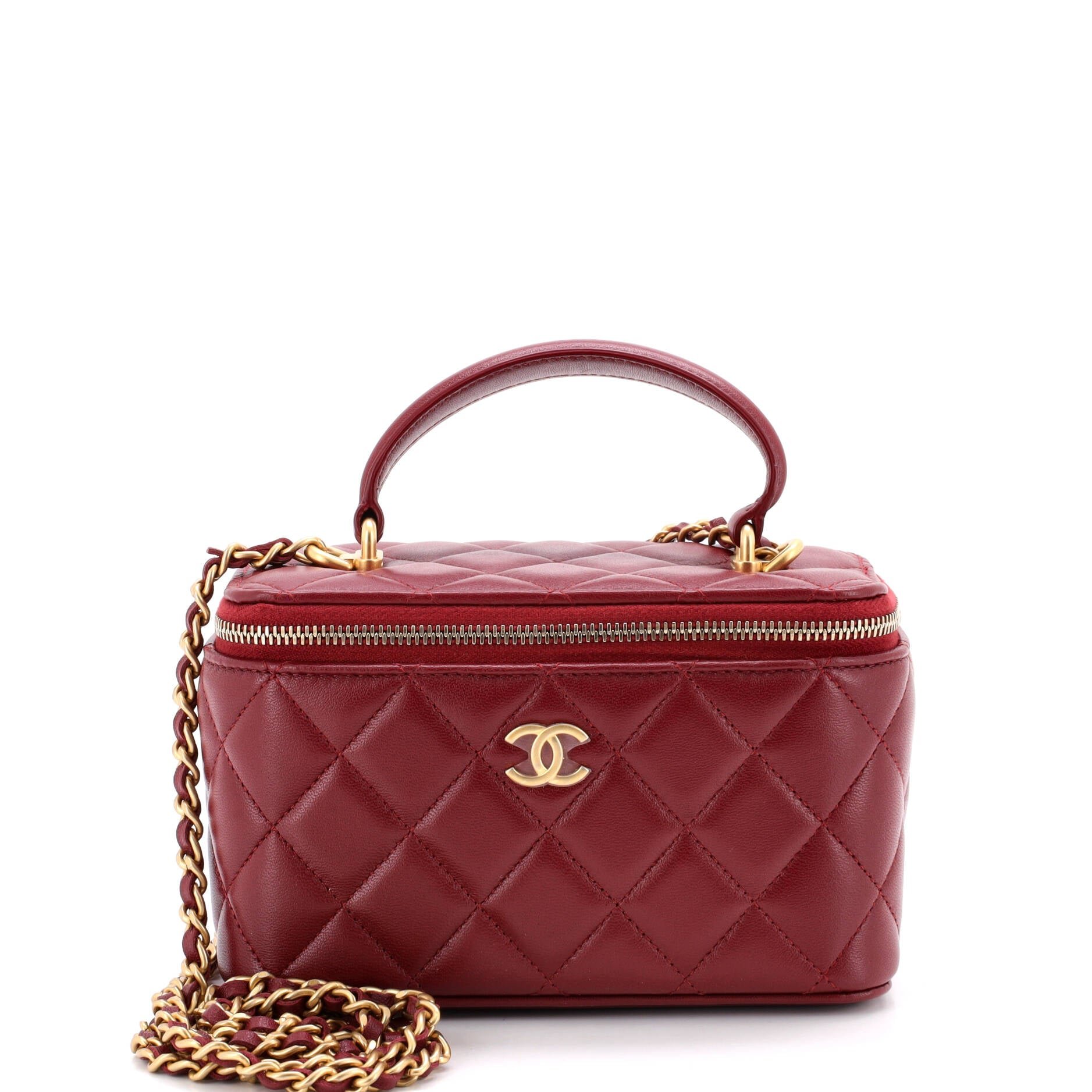 Classic Top Handle Vanity Case with Chain Quilted Lambskin Small