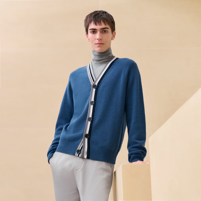 Bleu Turquin Cashmere "Rayures Asymetriques" Buttoned Cardigan