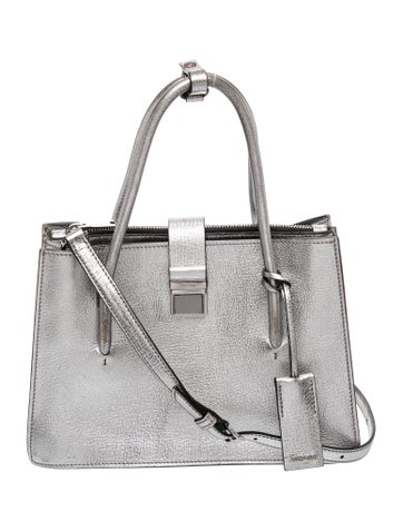 Miu Miu Leather Metallic Silver Madras Leather Handle Bag