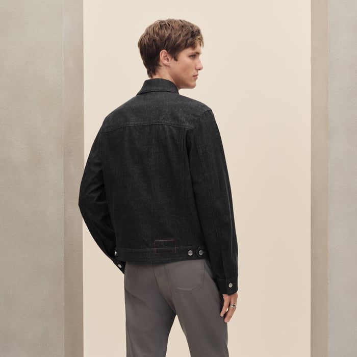 Noir Straight Cut Jacket With Leather Detail