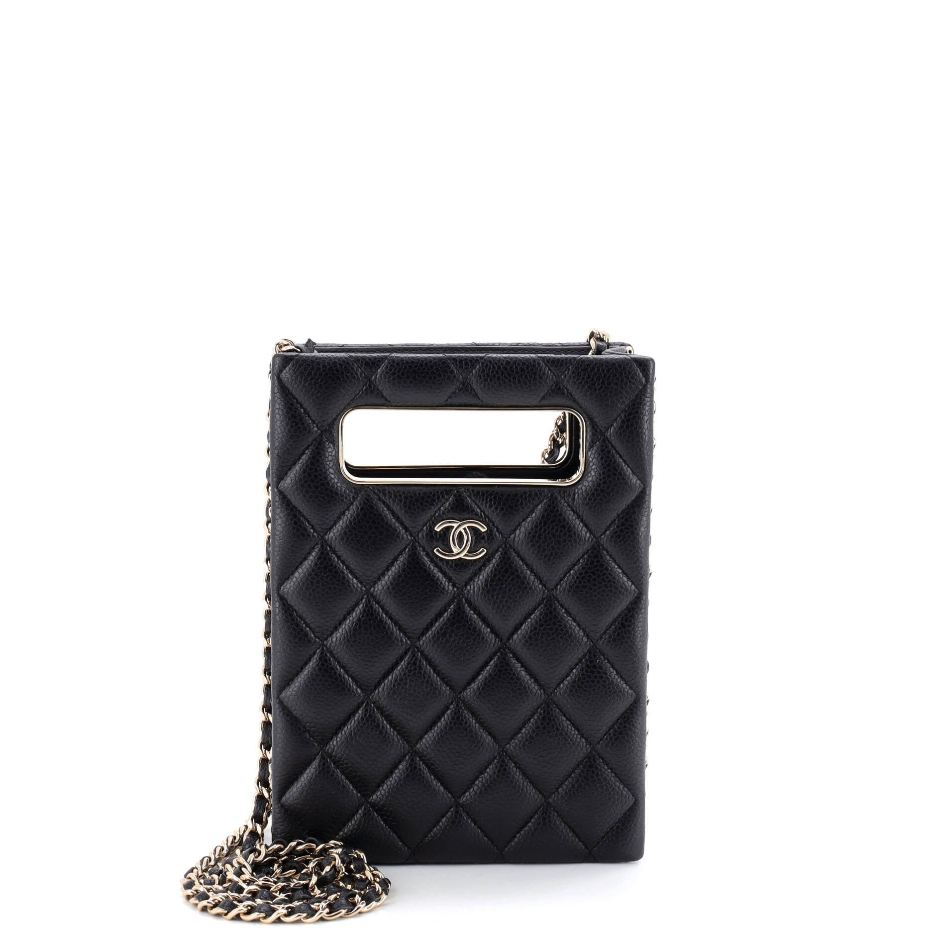 Chain Around Cut Out Handle Evening Tote Quilted Caviar Mini