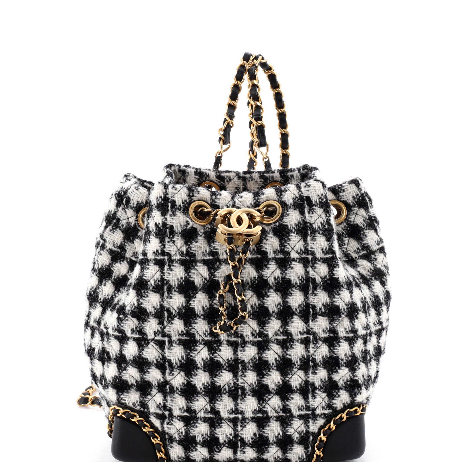 Chained Drawstring CC Bucket Backpack Quilted Houndstooth Tweed Small