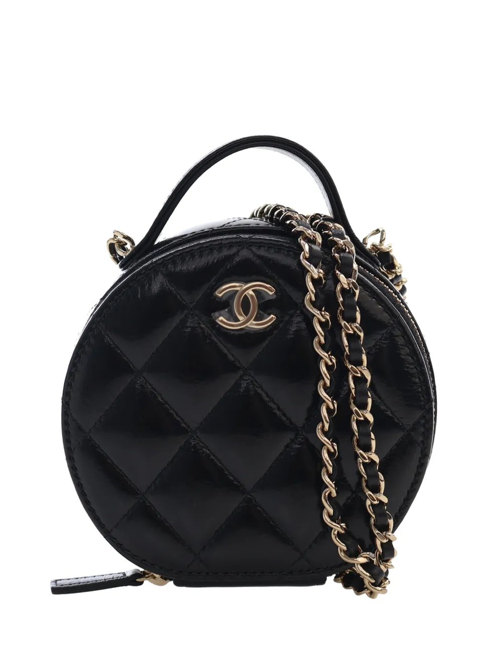 2021-2026 Quilted Glazed Lambskin Handle With Care Round Vanity Case with Chain satchel
