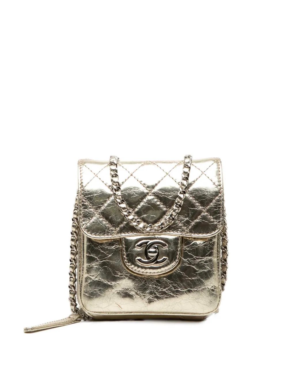 2012 Quilted Metallic Aged Calfskin Clams Wallet on Chain crossbody bag