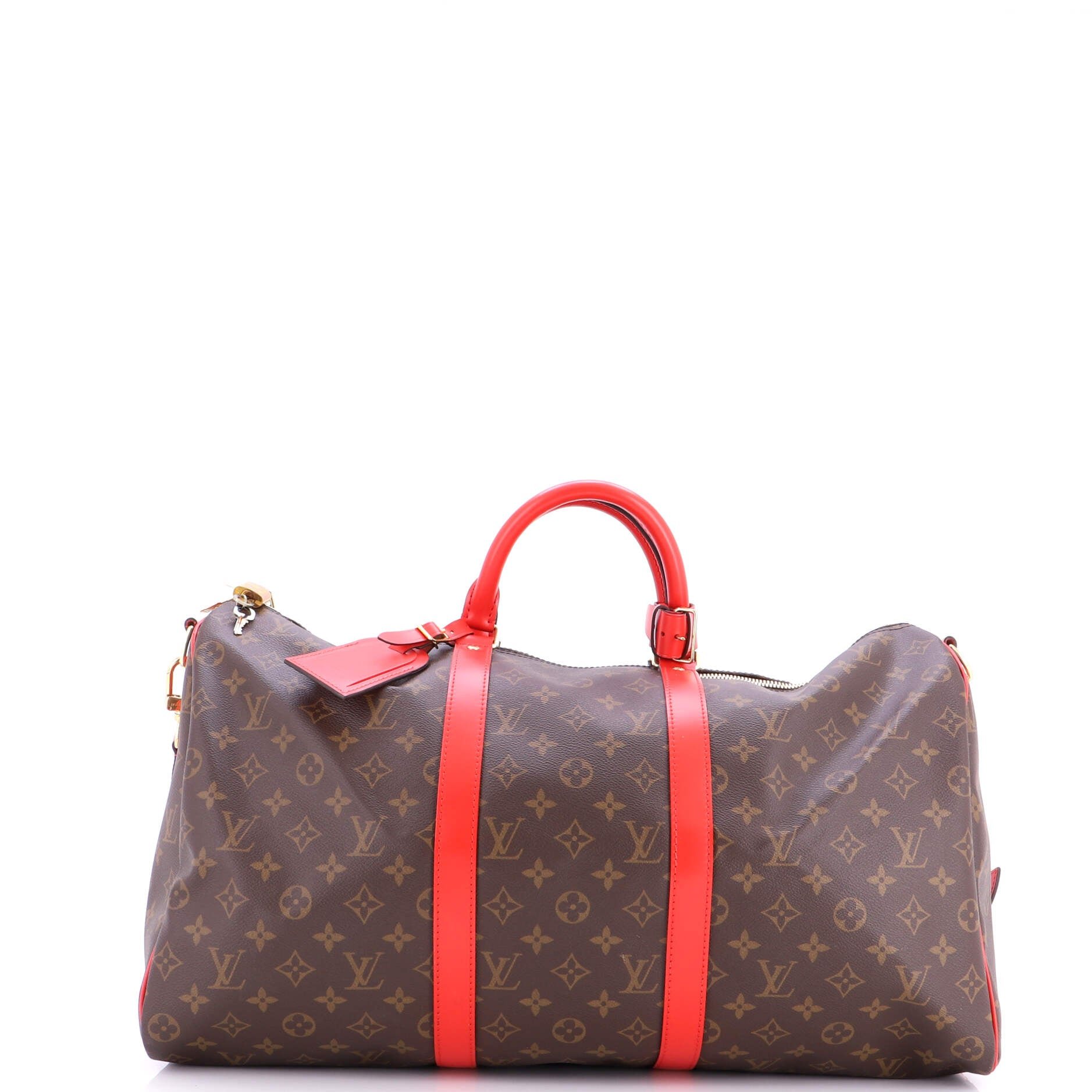 Keepall Bandouliere Bag Monogram Canvas with Coquelicot Leather Trim 50