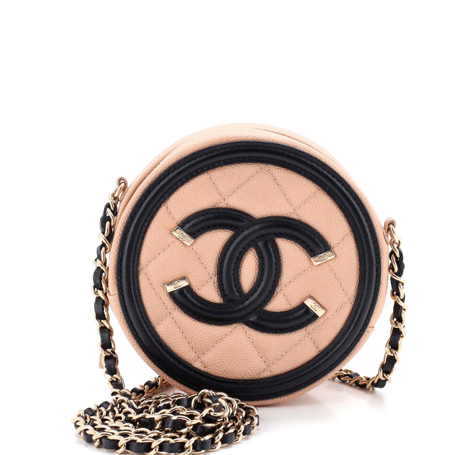 Filigree Round Clutch with Chain Quilted Caviar Mini