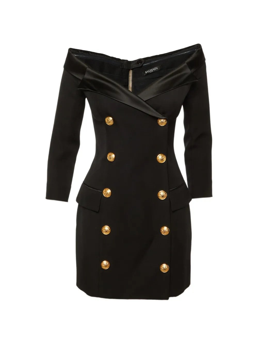 double-breasted off-the-shoulder mini dress