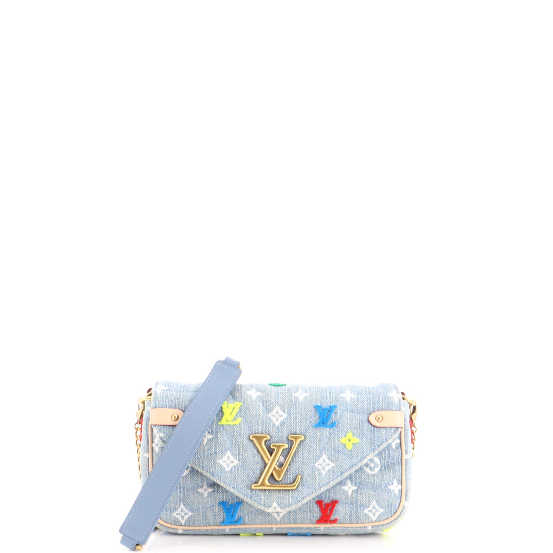 New Wave Chain Pochette Monogram Embroidered Quilted Denim