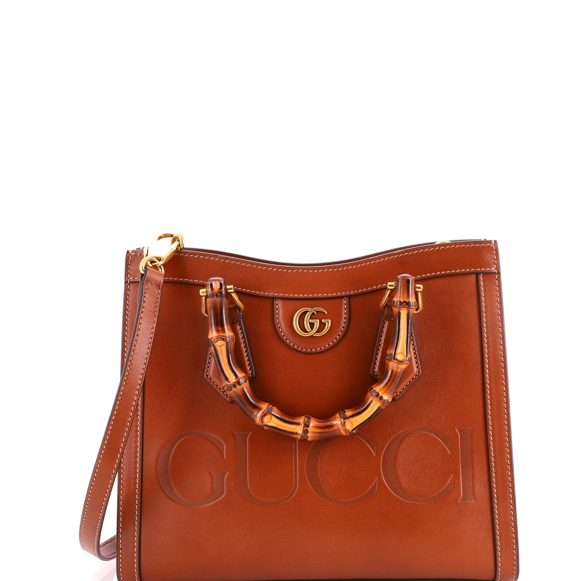 Diana NM Logo Bamboo Handle Tote Embossed Leather Small