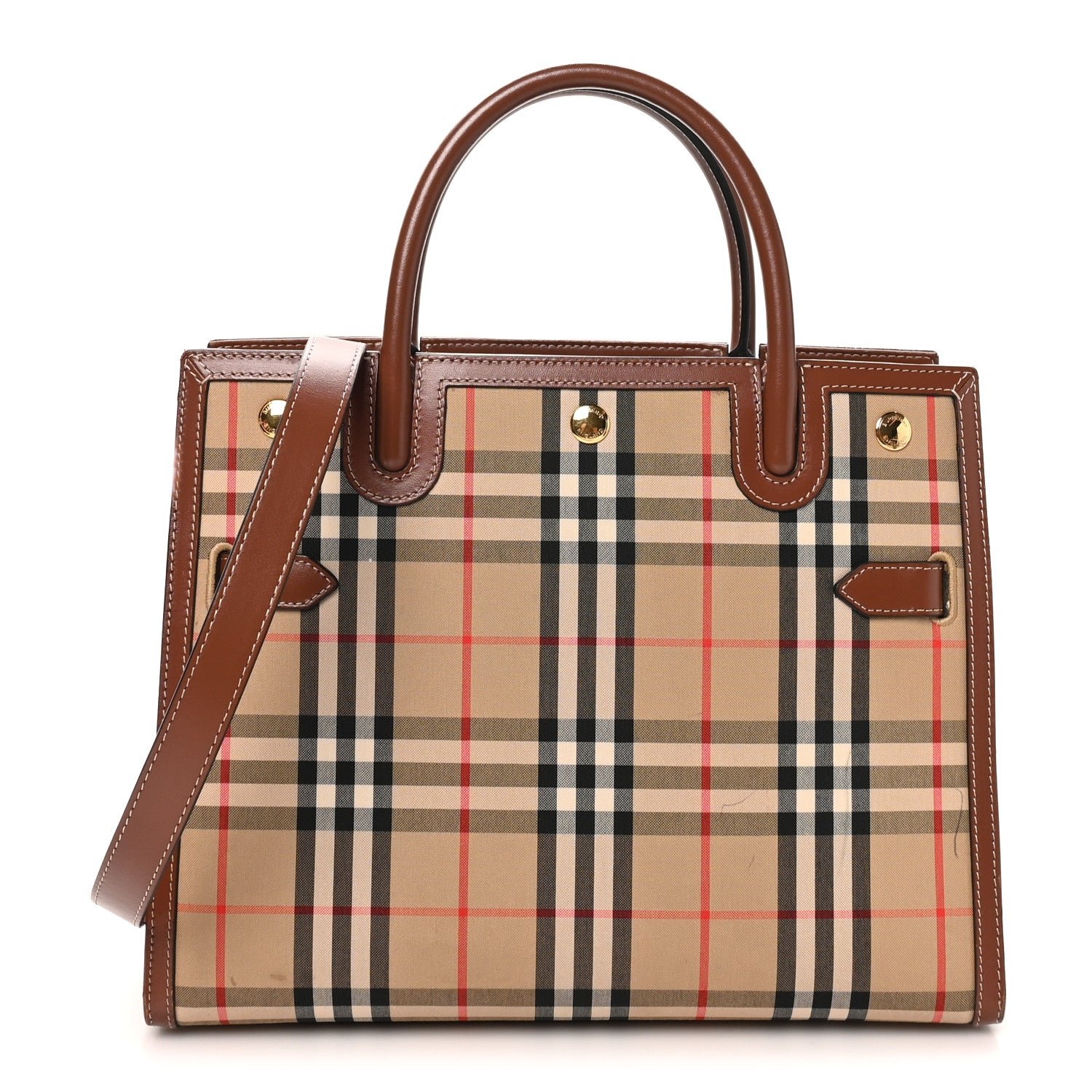 Burberry Calfskin Vintage Check Two Handle Title Bag  Archive Beige