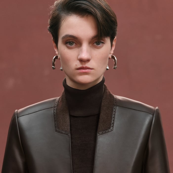 Marron Ébène Suit Jacket With Perforated Details