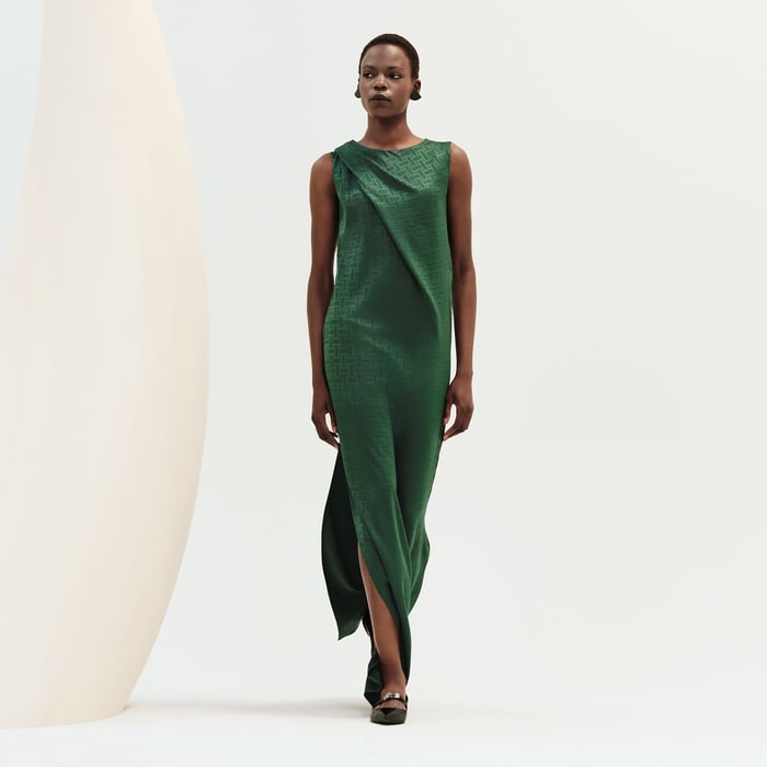 Vert Bouteille "Mosaique" Draped Long Dress