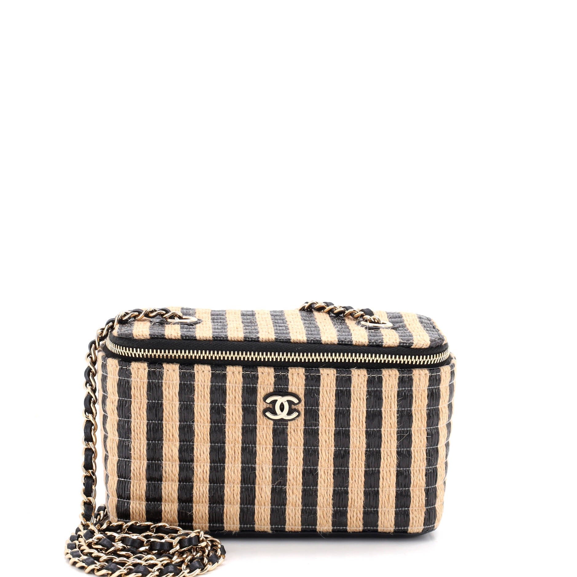 Classic Vanity Case with Chain Striped Raffia and Jute Small