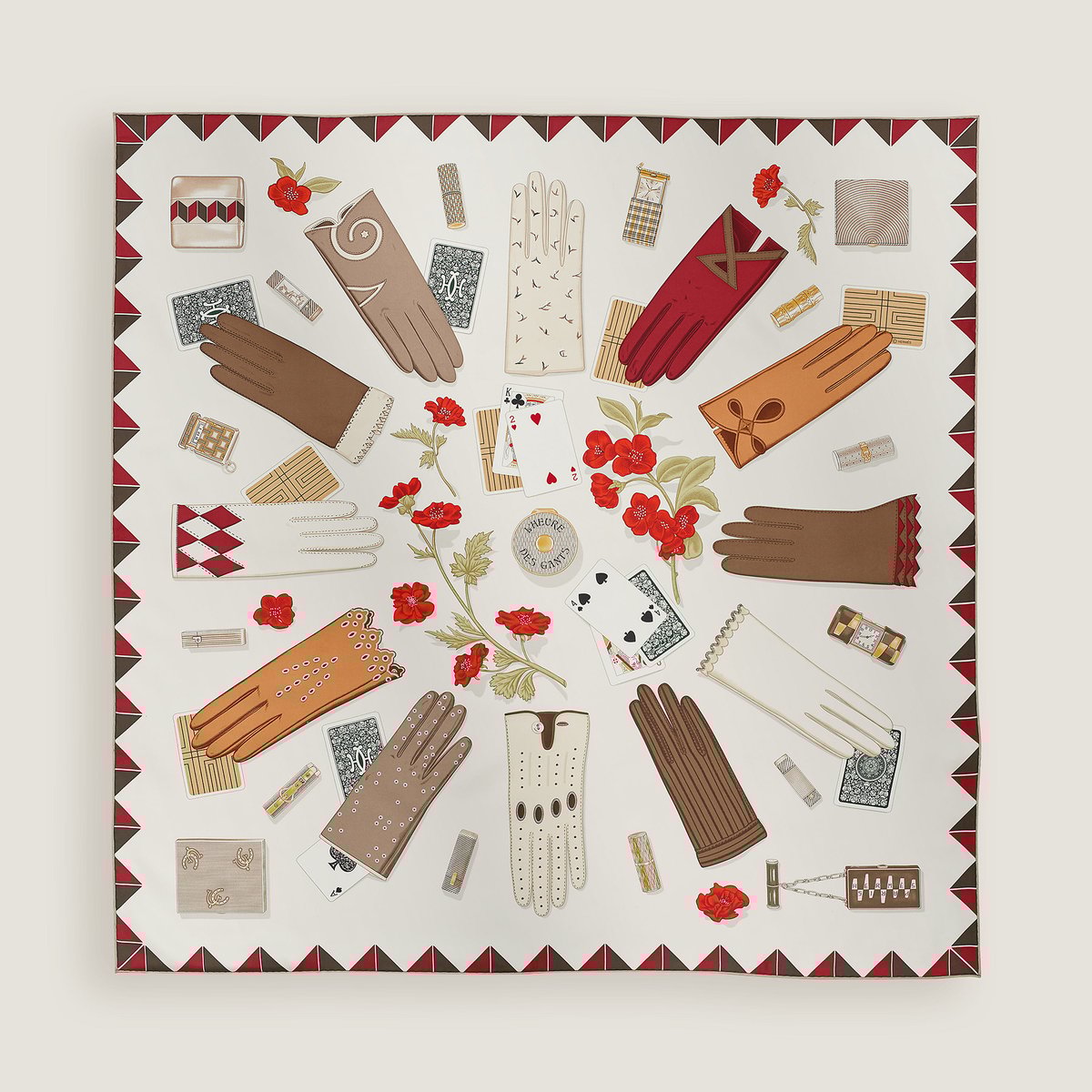 Hermès カレ 90 《手袋の時計》 ブラン・カッセ/エトゥープ/ルージュh