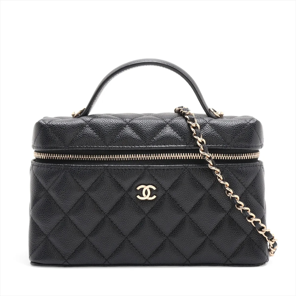 Chanel Matelasse Caviar Skin 2 Way Handbag Vanity Black Gold Metal Fittings rand