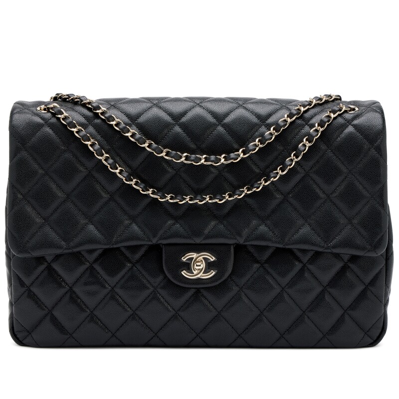 Black Quilted Caviar XXL Classic Airline Travel Flap Bag Light Gold Hardware, 2024