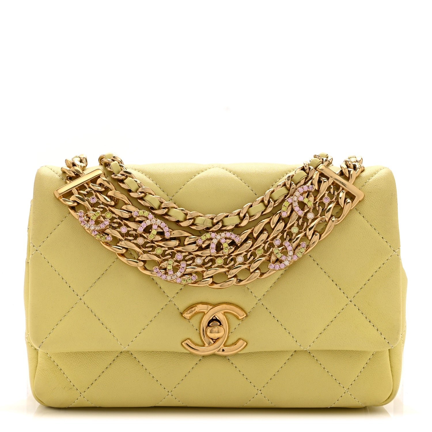 Chanel Lambskin Quilted Mini CC Crystal Logo Chain Flap Yellow