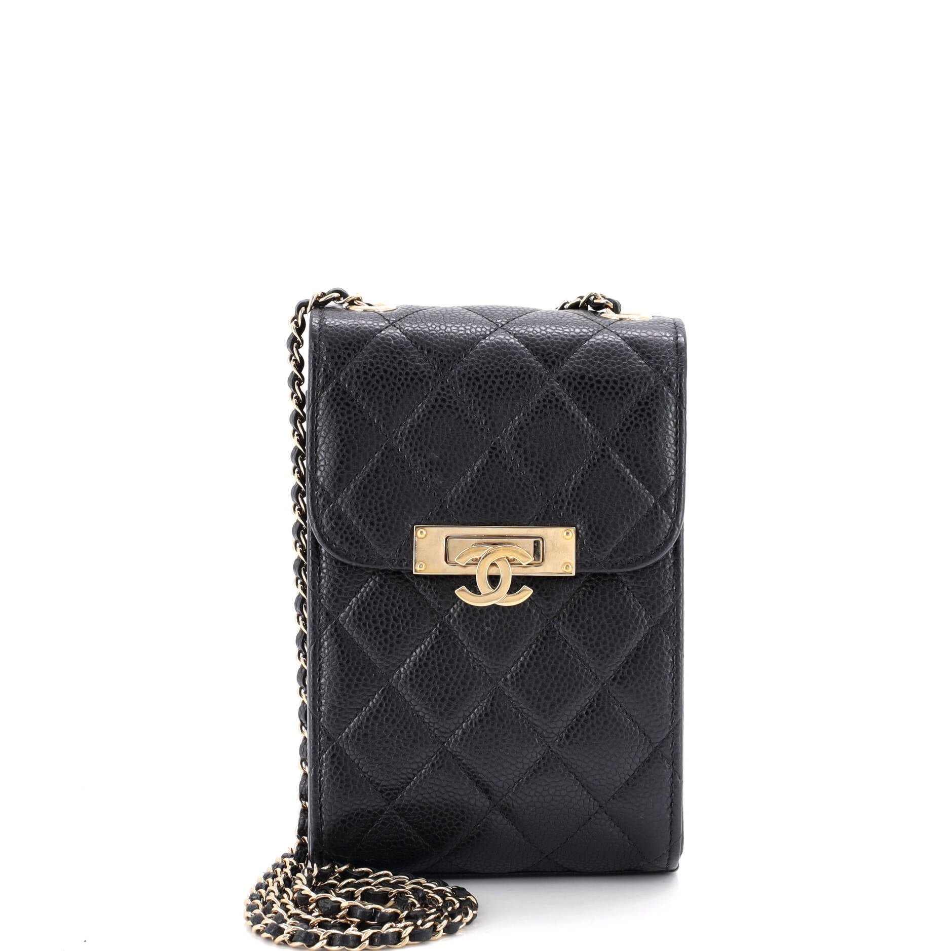 Golden Class Phone Holder Crossbody Bag Quilted Caviar