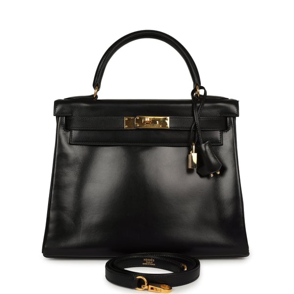 Vintage Hermes Kelly Retourne 28 Black Box Gold Hardware