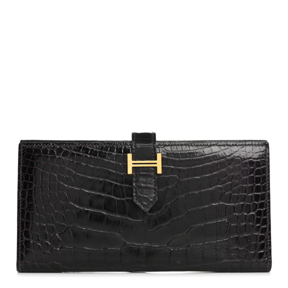 Hermes Shiny Alligator Bearn Gusset Wallet Aubergine