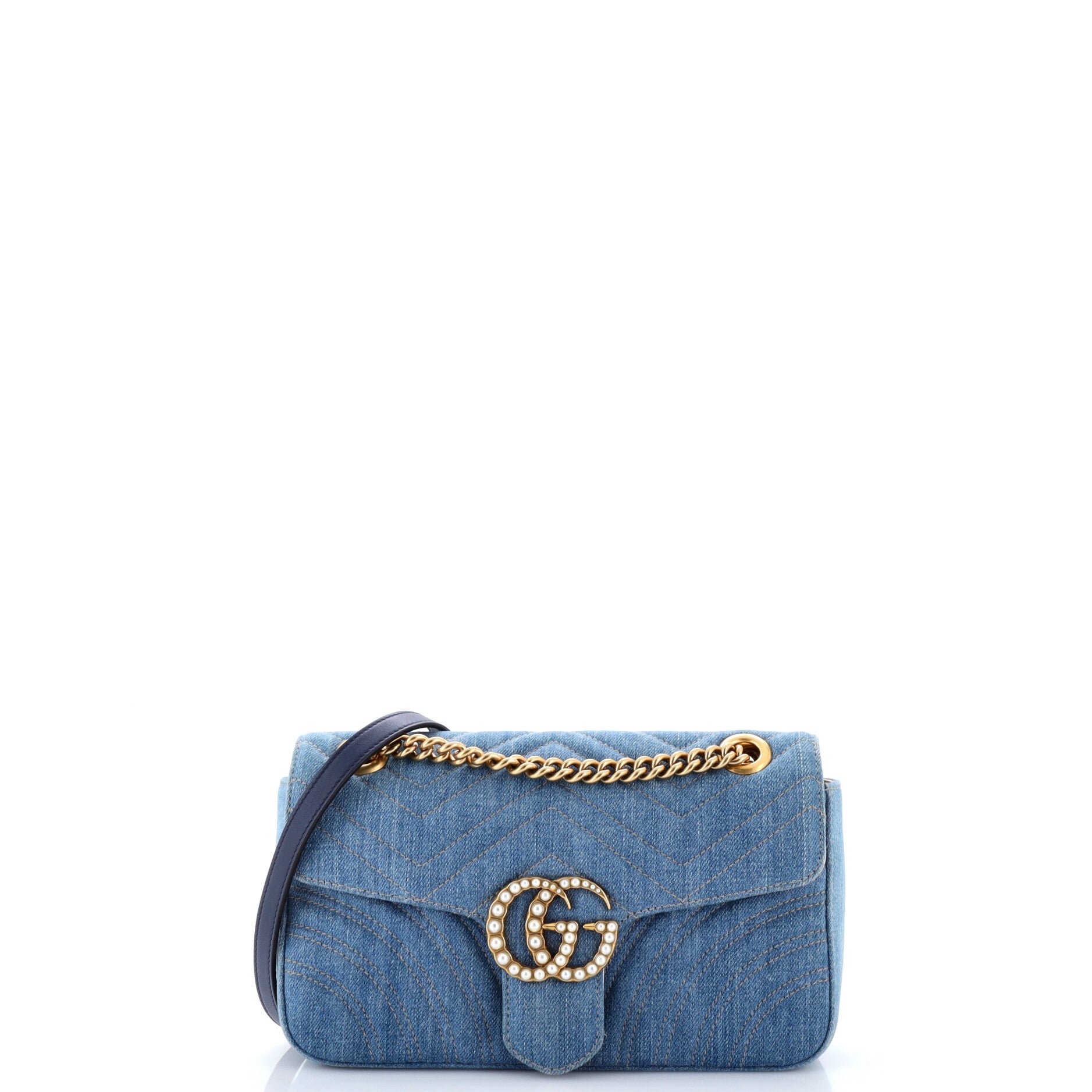 Pearly GG Marmont Flap Bag Matelasse Denim Small