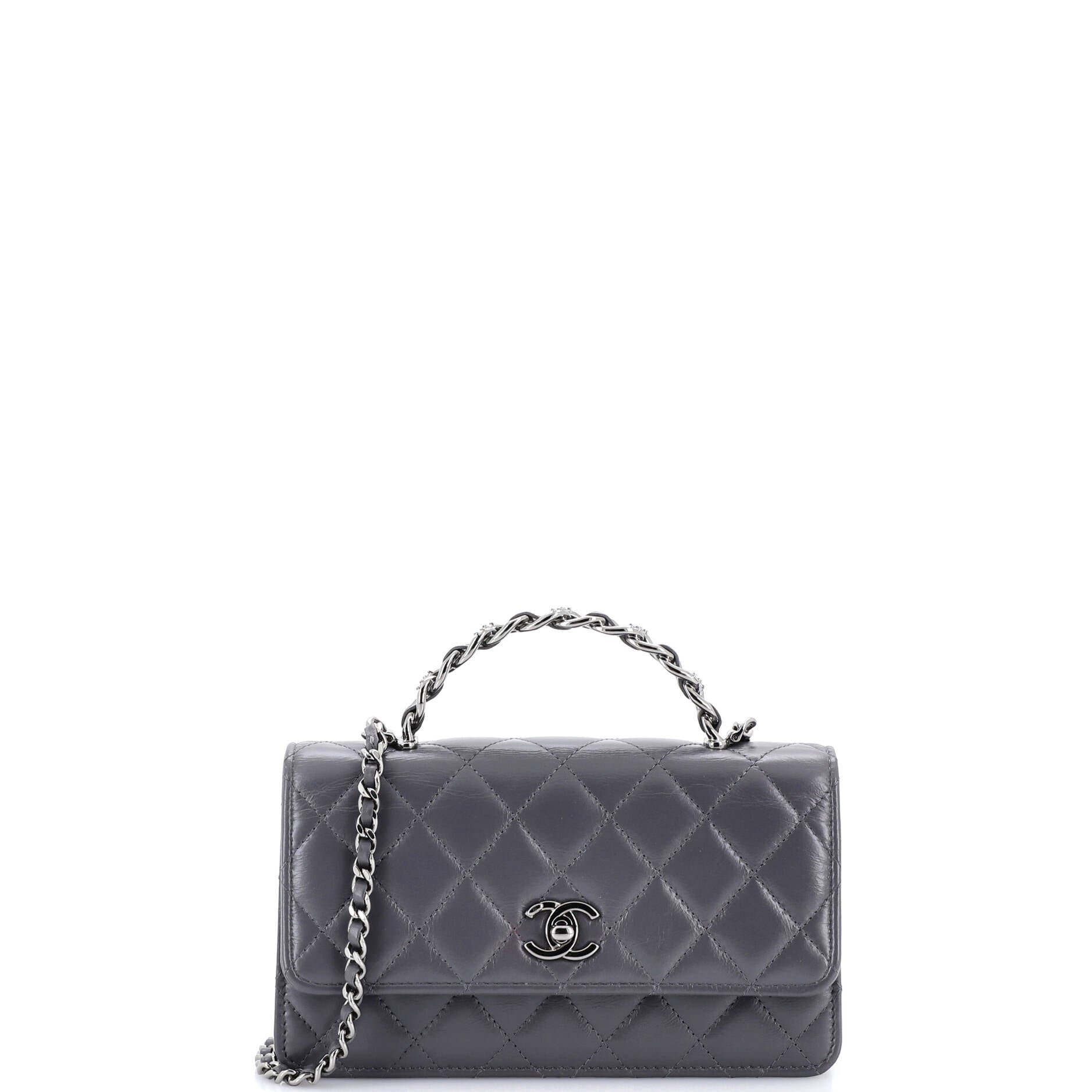 Top Handle Phone Holder with Chain Quilted Lambskin with Crystals