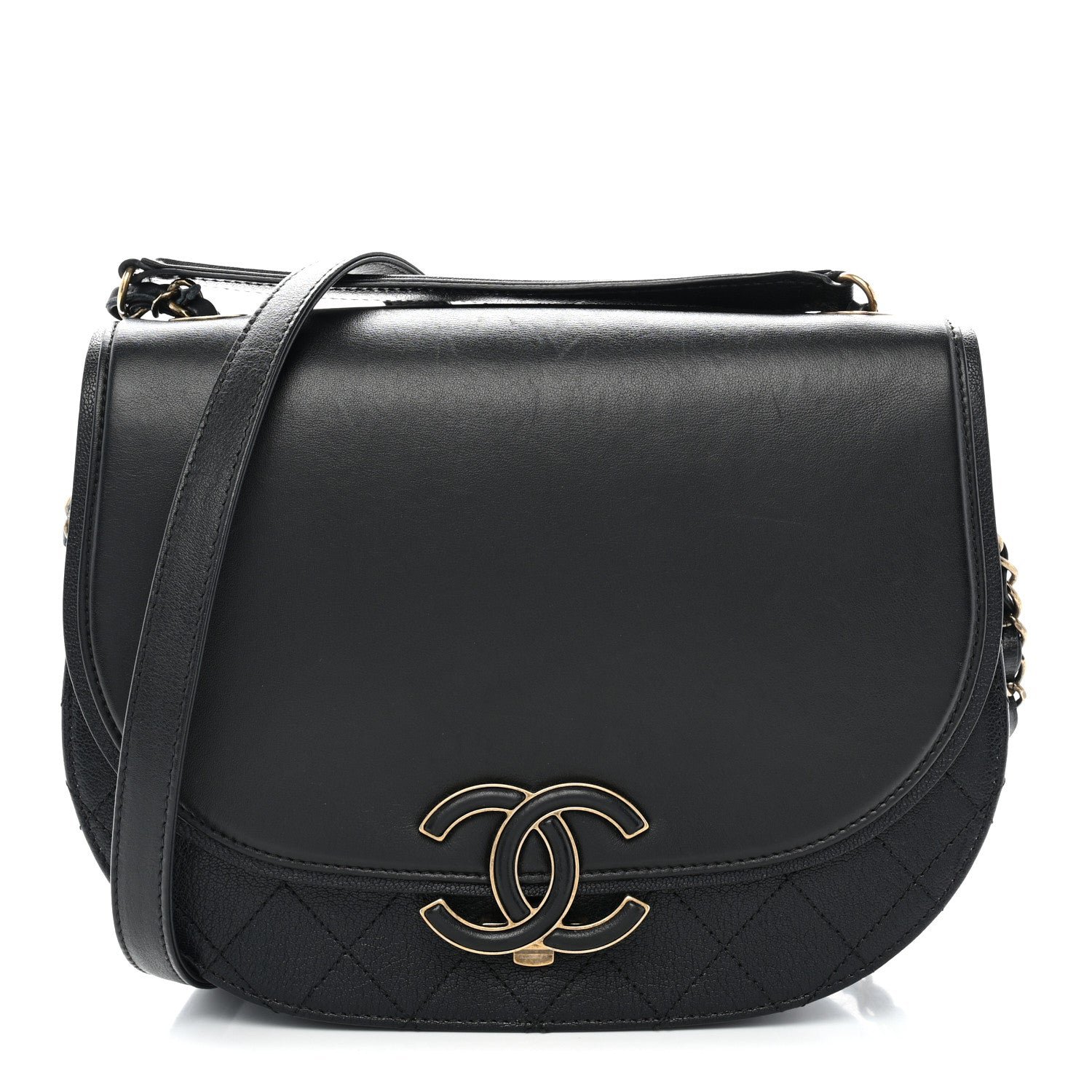 Chanel Shiny Calfskin Goatskin Quilted Medium Coco Curve Messenger Flap Black
